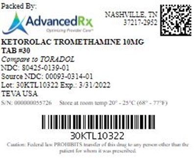 Ketorolac Tromethamine 10mg Tab Qty 30 Ndc 80425 0139